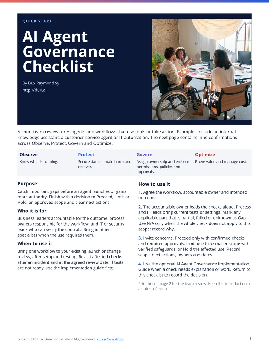 Cover of the AI Agent Governance Checklist by Dux Raymond Sy