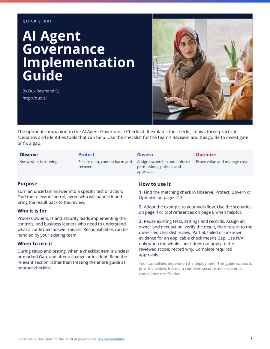 Cover of the AI Agent Governance Implementation Guide by Dux Raymond Sy